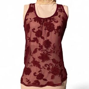 Bobeau Sheer Lace Tank Top in Deep Wine